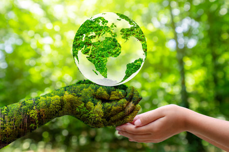 Concept Save the world save environment The world is in the grass of the green bokeh backgroundの写真素材