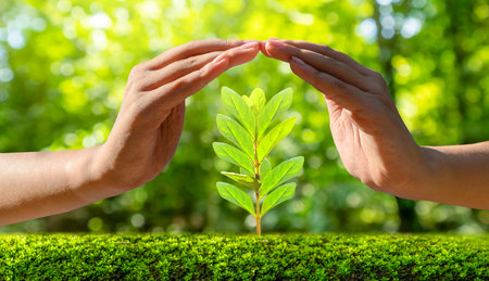 environment Earth Day In the hands of trees growing seedlings. Bokeh green Background Female hand holding tree on nature field grass Forest conservation conceptの写真素材