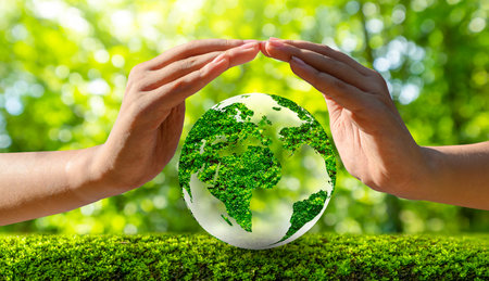 environment Earth Day In the hands of trees growing seedlings. Bokeh green Background Female hand holding tree on nature field grass Forest conservation conceptの写真素材