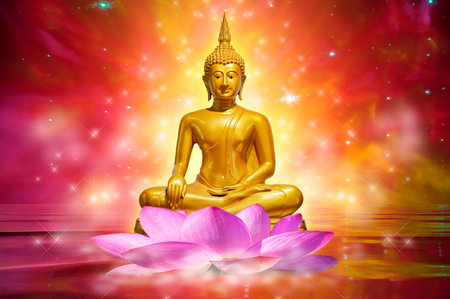 Buddha statue water lotus Buddha standing on lotus flower on orange backgroundの写真素材