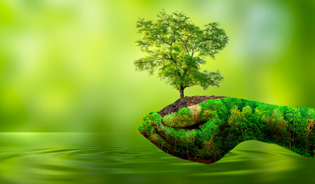 Concept Save the world save environment The world is in the grass of the green bokeh backgroundの写真素材