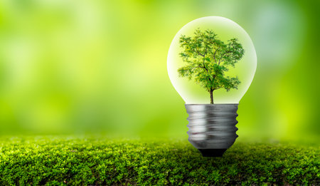 The bulb is located on the inside with leaves forest and the trees are in the light. Concepts of environmental conservation and global warming plant growing inside lamp bulb over dryの写真素材