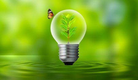 The bulb is located on the inside with leaves forest and the trees are in the light. Concepts of environmental conservation and global warming plant growing inside lamp bulb over dryの写真素材