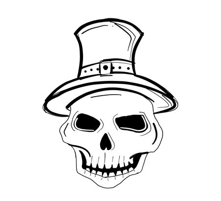 Skull ghost wearing a witch's hat hand drawn lines On a white background, isolateのイラスト素材