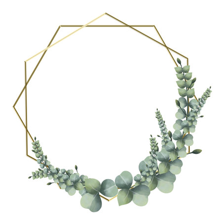 frame golden hexagon vintage leaves watercolor hand drawn golden frame line art on white background isolateの写真素材