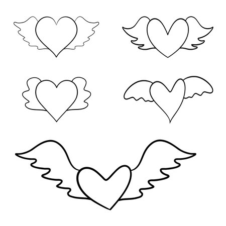 Heart with wings, hand drawn line drawing on white background. Isolated.のイラスト素材