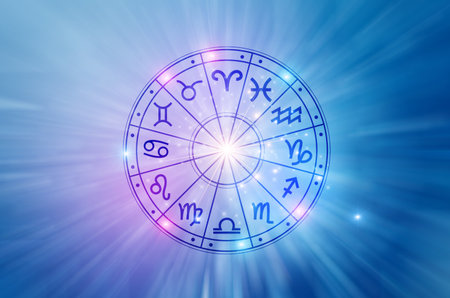 Zodiac signs inside of horoscope circle. Astrology in the sky with many stars and moons  astrology and horoscopes conceptの写真素材