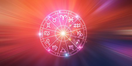 Zodiac signs inside of horoscope circle. Astrology in the sky with many stars and moons  astrology and horoscopes conceptの写真素材