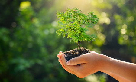 In the hands of trees growing seedlings. Bokeh green Background Female hand holding tree on nature field grass Forest conservation conceptの写真素材