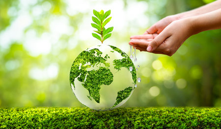 environment Earth Day In the hands of trees growing seedlings. Bokeh green Background Female hand holding tree on nature field grass Forest conservation conceptの写真素材