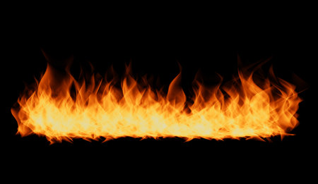 Flames on black background. Fire blaze flames on black background. Fire burn flame isolated, abstract texture. Flaming explosion effect with burning fire.の写真素材