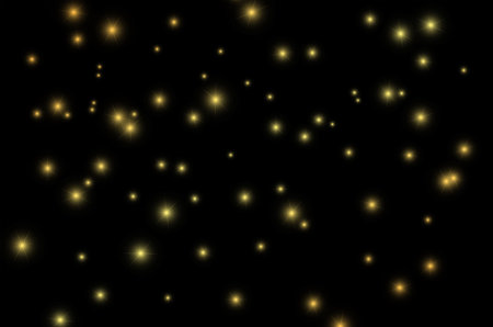 Golden Sparkles on Black Night. Twinkling Lights in Darkness. Gold Starry Night Background. Elegant Golden Glow Pattern. Shining Stars on Midnight Sky. Golden Glitter Nightscapeの写真素材