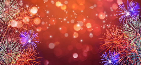 Bokeh holiday background Fireworks New Year New Year Celebration Stars and Ornaments with Fireworks. Festive Night: Sparkling Stars and Fireworks. Christmas Ornaments and Fireworks Extravaganzaの写真素材