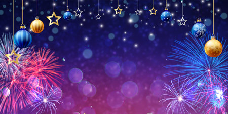 Bokeh holiday background Fireworks New Year New Year Celebration Stars and Ornaments with Fireworks. Festive Night: Sparkling Stars and Fireworks. Christmas Ornaments and Fireworks Extravaganzaの写真素材