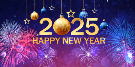 Happy New Year 2025 New Year Celebration 2025 - Golden Numbers and Fireworks on Eve with Abstract Accent Lightの写真素材