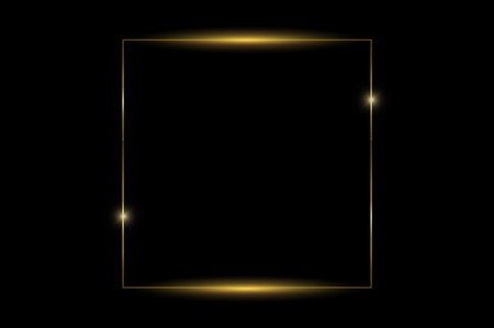 Golden Frame Bokeh Square. Elegant Golden Glitter Frame on Black Background for Luxurious Designs. Stylish Gold Sparkle Border with Black Space for Text or Invitationsの写真素材