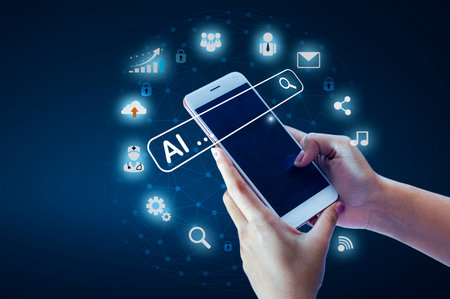 Illustration of an abstract futuristic background with digital technology and artificial intelligence concepts. The text AIの写真素材
