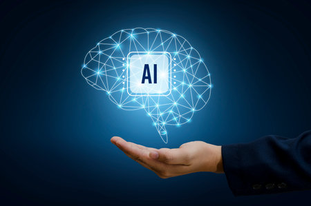 Illustration of an abstract futuristic background with digital technology and artificial intelligence concepts. The text AIの写真素材