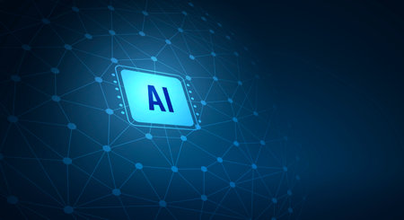Illustration of an abstract futuristic background with digital technology and artificial intelligence concepts. The text AIの写真素材