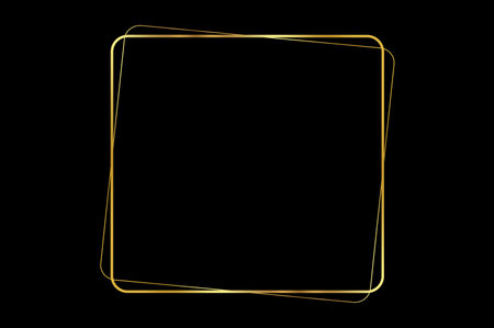 Golden Frame Bokeh Square. Elegant Golden Glitter Frame on Black Background for Luxurious Designs. Stylish Gold Sparkle Border with Black Space for Text or Invitationsの写真素材