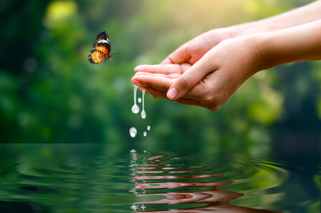 Environment Water Hands. Hands Holding Water Drops with Butterfly in Nature  Symbol of Peace and Harmony Gentle Hands Catching Water Droplets with Butterfly Nature Care and Tranquilityの写真素材