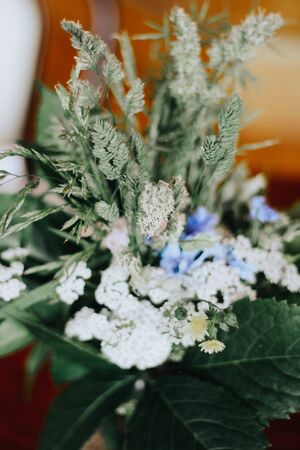 Wildflowers on a wooden table. Blue and white flowers.の写真素材