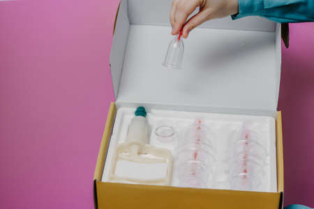 Set for hijama. Vacuum pumps and jars for hijama.の写真素材