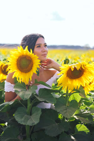 Beautiful brunette woman in a white top on the field with sunflowers. Yellow sunflowers. Close plan.の写真素材