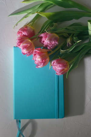 Blue notebook with tulips on a white background.