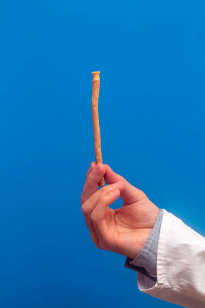 Guy hold miswak on blue background. Teeth cleaning. Sunnah teeth brushing. Sivak.の写真素材