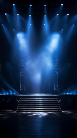 Empty dark stage with spotlights and blue light and fog. Dark background. NEON Light. Generative AIの素材