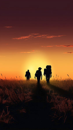 Silhouette of travelers with backpacks and bags walking across a field at sunset. Freedom. Traveling on foot, hitchhiking. generative aiの素材
