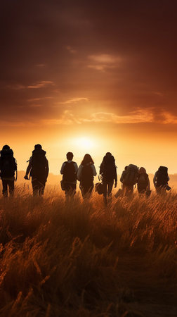 Silhouette of travelers with backpacks and bags walking across a field at sunset. Freedom. Traveling on foot, hitchhiking. generative aiの素材