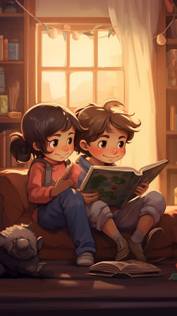 Children read books. Education and training. Cartoon drawing style. Cozy home reading. generative aiの素材