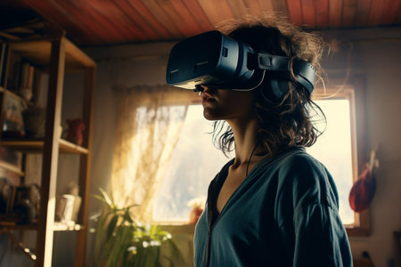 Young woman wearing virtual reality glasses. Against the background of the room. Virtual experience. Virtual reality headset. Generative AIの素材