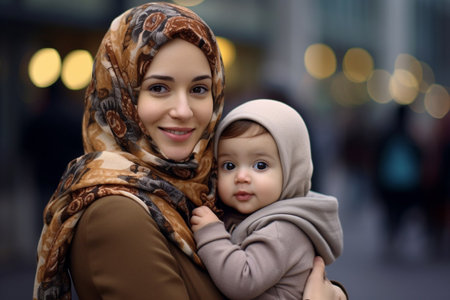A young Muslim European woman holding a baby in her arms. Mom and daughter. Motherhood and love. On the street. Generative AIの素材