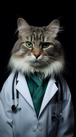 Portrait of a long-haired cat on a black background. Cat doctor, cat veterinarian. Veterinary medicine. Veterinarian's office. Generative AIの素材