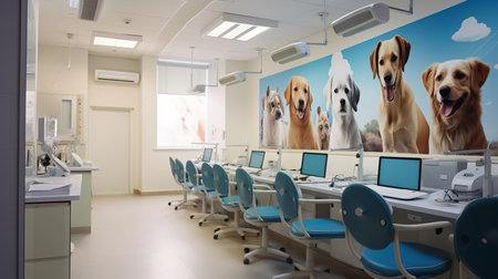 Office with tables and chairs. A huge picture of dogs on the wall. Veterinary medicine. Veterinary office. Generative AIの素材