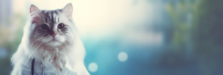 Veterinarian white cat. Horizontal banner with copy space. Veterinary medicine and health care concept background. Veterinary medicine. Generative AIの素材