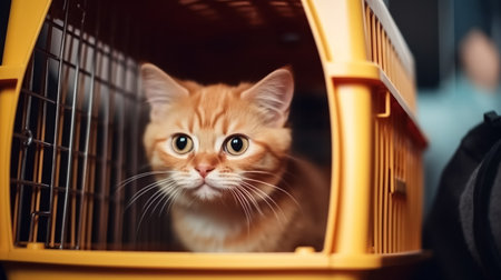 Cute red kitten sitting in a pet carrier. Travel concept with pets. Veterinary medicine. Generative AIの素材
