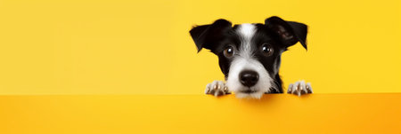 Banner. Cute Jack Russell Terrier puppy peeking from behind a yellow wall. Place for text. Mockup. Veterinary medicine. Generative AIの素材