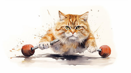 Cute ginger cat lifting a dumbbell. Watercolor illustration. Generative AIの素材