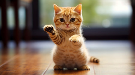 Cute ginger cat sitting on the wooden floor and raising his paw. Close-up. Pet, Animals. Generative AIの素材
