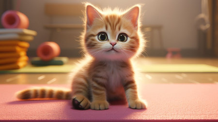 Cute ginger cat sitting on the wooden floor and raising his paw. Close-up. Pet, Animals. Generative AIの素材