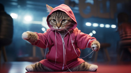 Cute cat in a pink hoodie doing sports in the gym. Tightening in the fitness center. Pet, Animals. Generative AIの素材