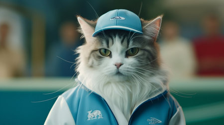 Cat wearing a baseball cap and blue jacket. Close-up. Pet, Animals. Generative AIの素材
