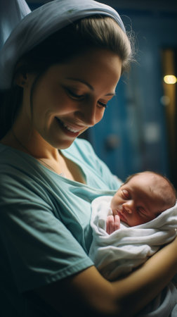 A midwife holds a baby in her arms. International Day of the Midwife. A young midwife nurse hugs a newborn baby against the backdrop of the ward. Generative AIの素材