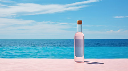 Stylish mineral water bottle with soft pink tones, emphasizing glass texture and natural freshness. Close-up. Backgroundの素材