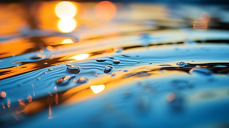 Close-Up Dynamic Water Droplets. Water splash against sunset background. Healthy lifestyle concept.の素材