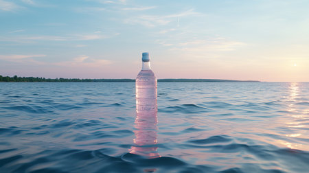 Refreshing Mineral Water Bottle Highlighted by Tranquil Sunset over Serene Landscape. Healthy lifestyle conceptの素材